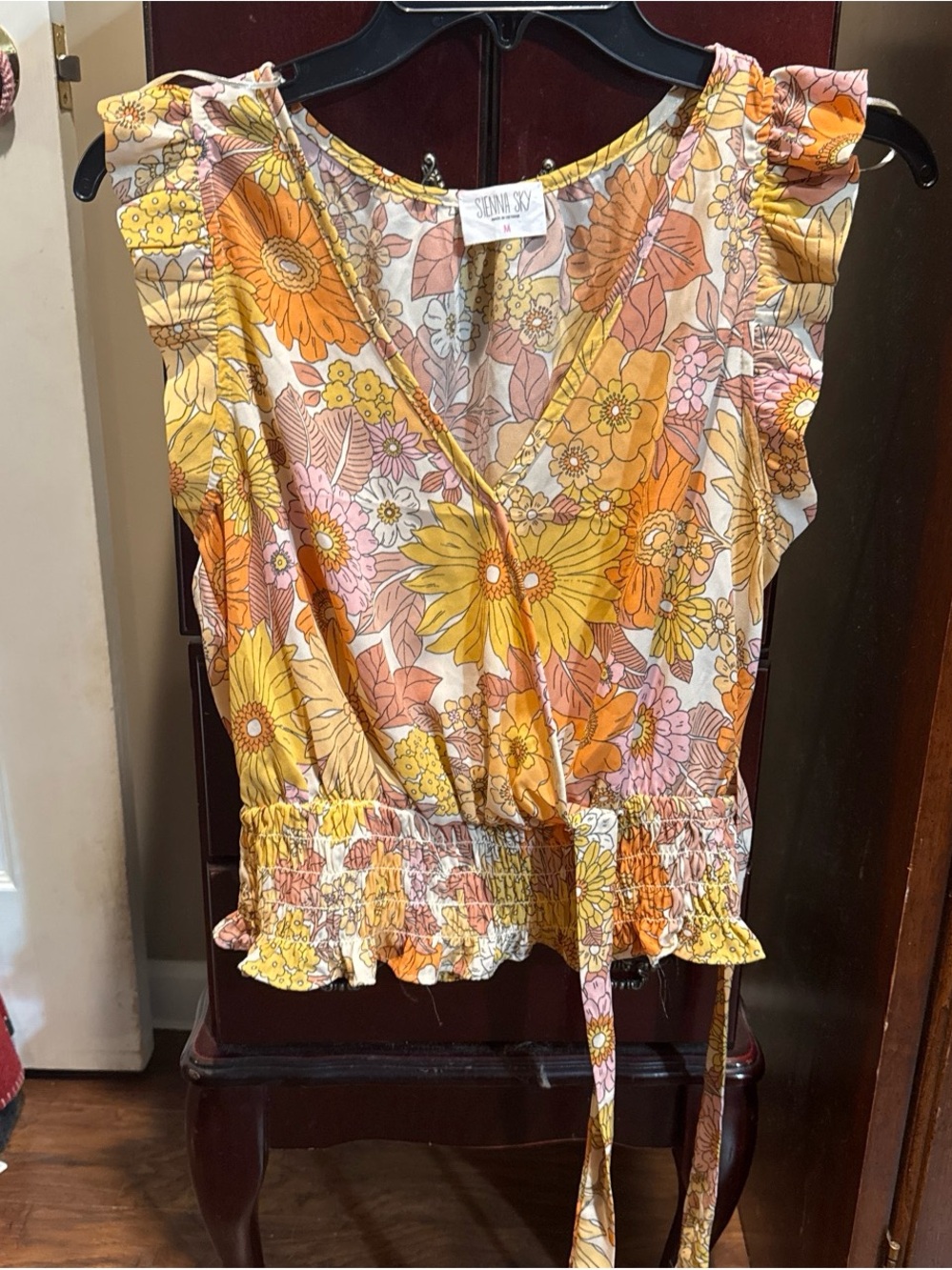 Sienna Sky Yellow Floral Wrap-Front Women's Top
